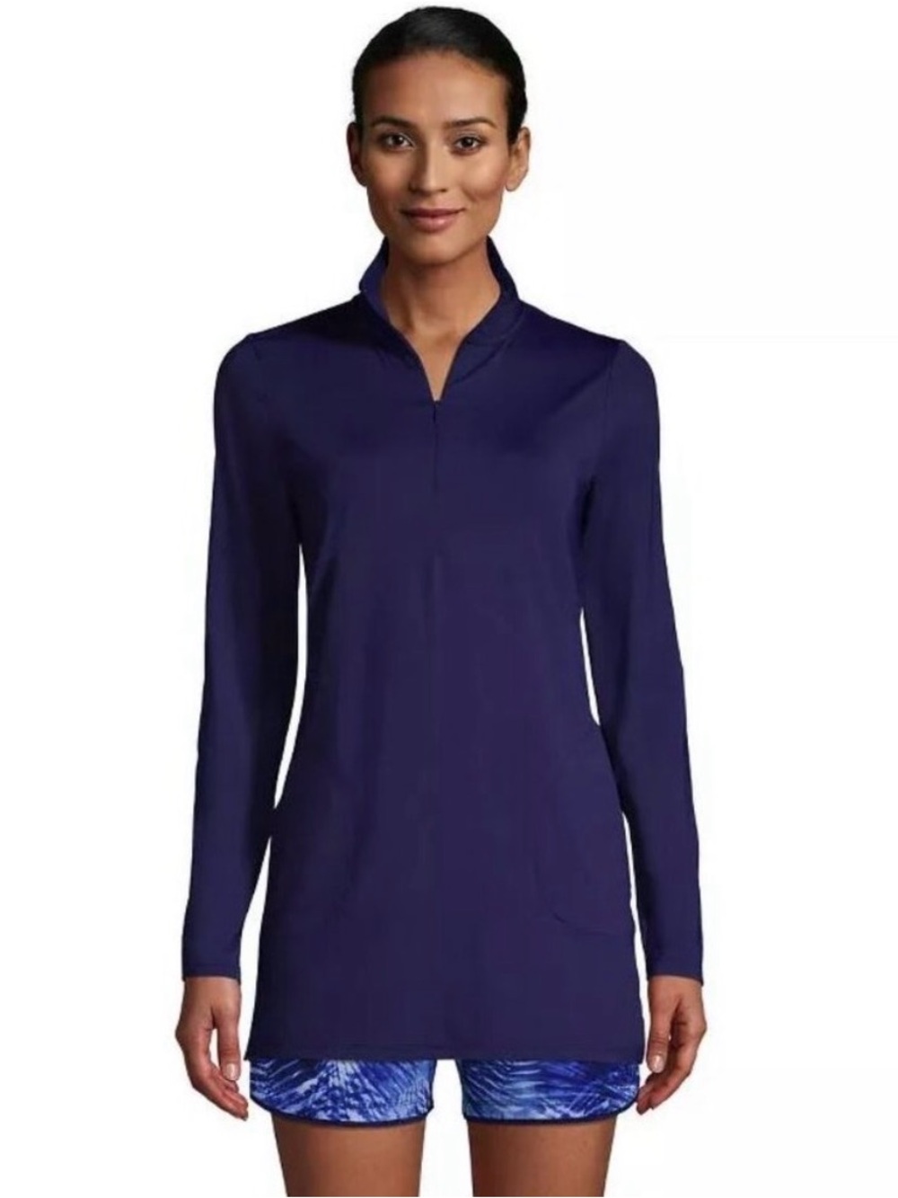 Long Sleeve quarter zip Tunic length Swim Cover-Up in Deep Navy w/ pockets